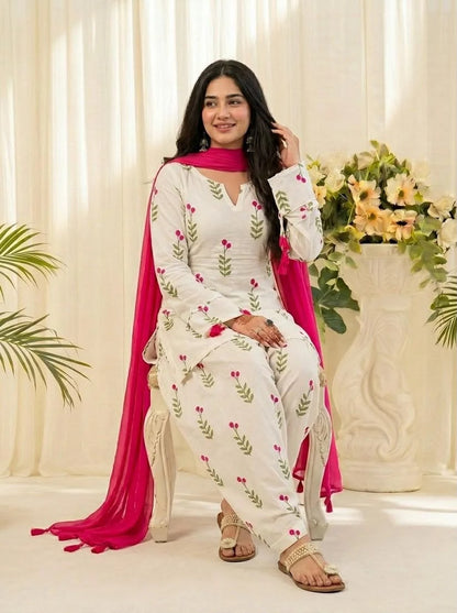 Floral Printed Kurta Patiala Set with Pink Dupatta for Women
