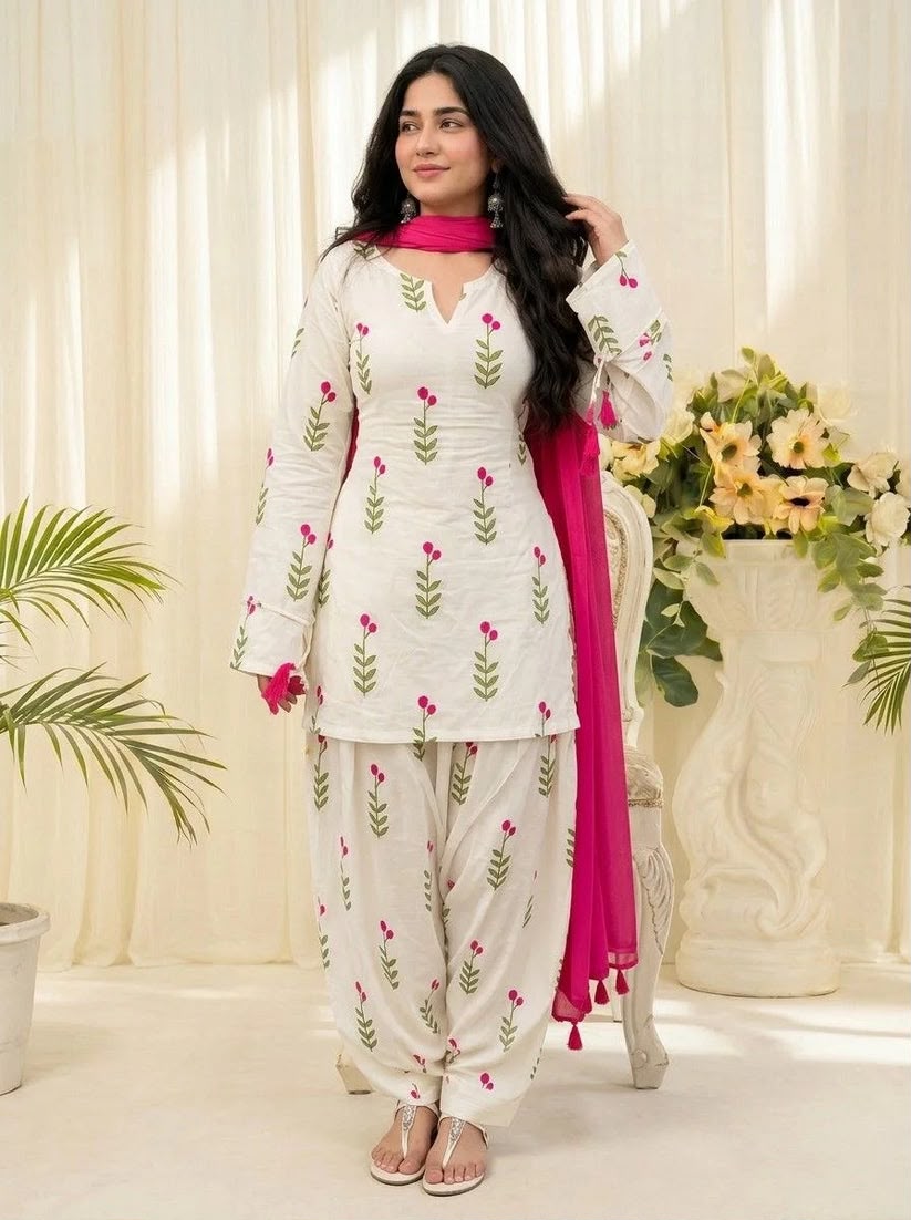 Floral Printed Kurta Patiala Set with Pink Dupatta for Women