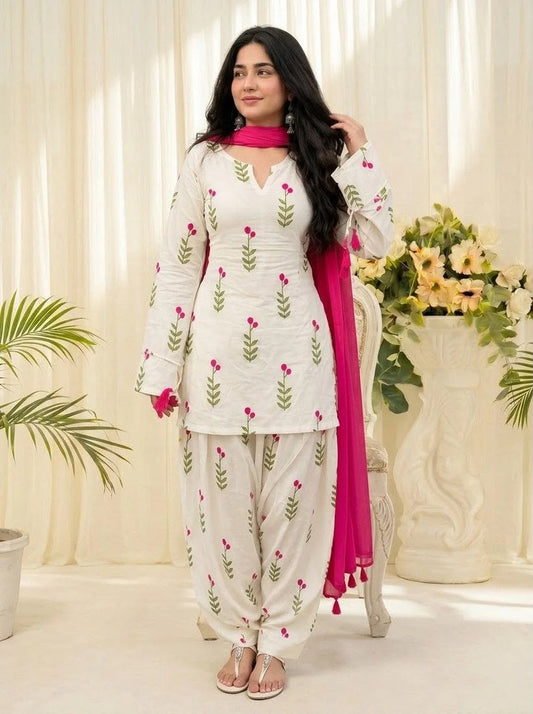 Floral Printed Kurta Patiala Set with Pink Dupatta for Women