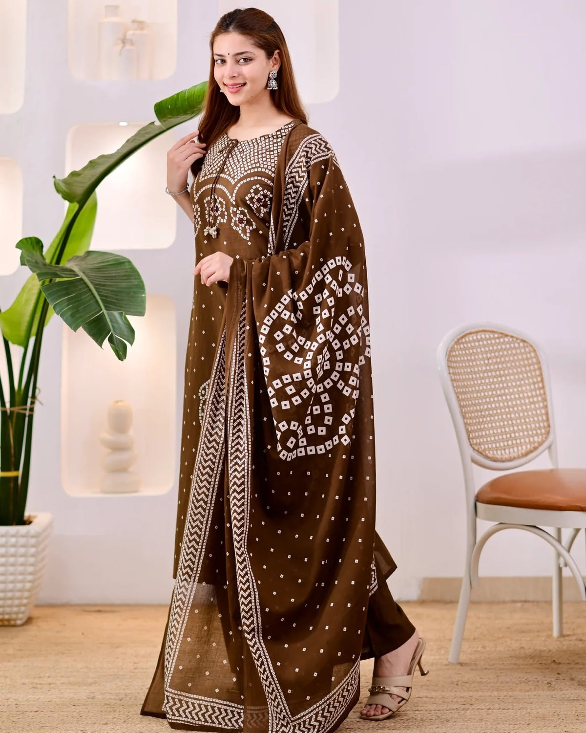 Chocolate Brown Bandhani Print Kurta Pant Set