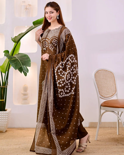 Chocolate Brown Bandhani Print Kurta Pant Set