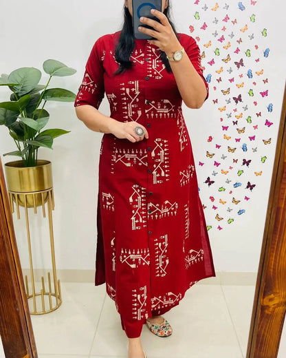 Deep Red Printed Cotton Kurta Pant Set for Women