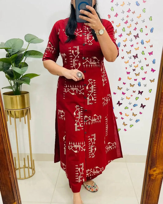 Deep Red Printed Cotton Kurta Pant Set for Women