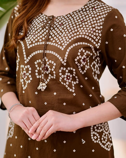 Chocolate Brown Bandhani Print Kurta Pant Set