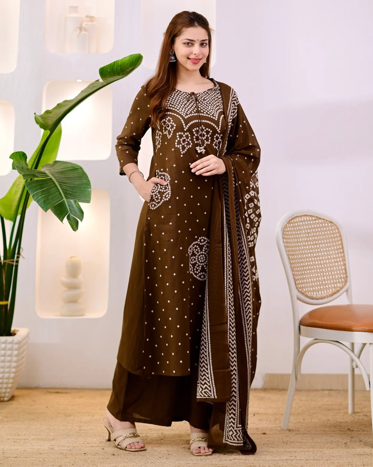 Chocolate Brown Bandhani Print Kurta Pant Set