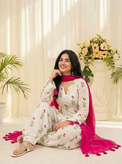 Floral Printed Kurta Patiala Set with Pink Dupatta for Women