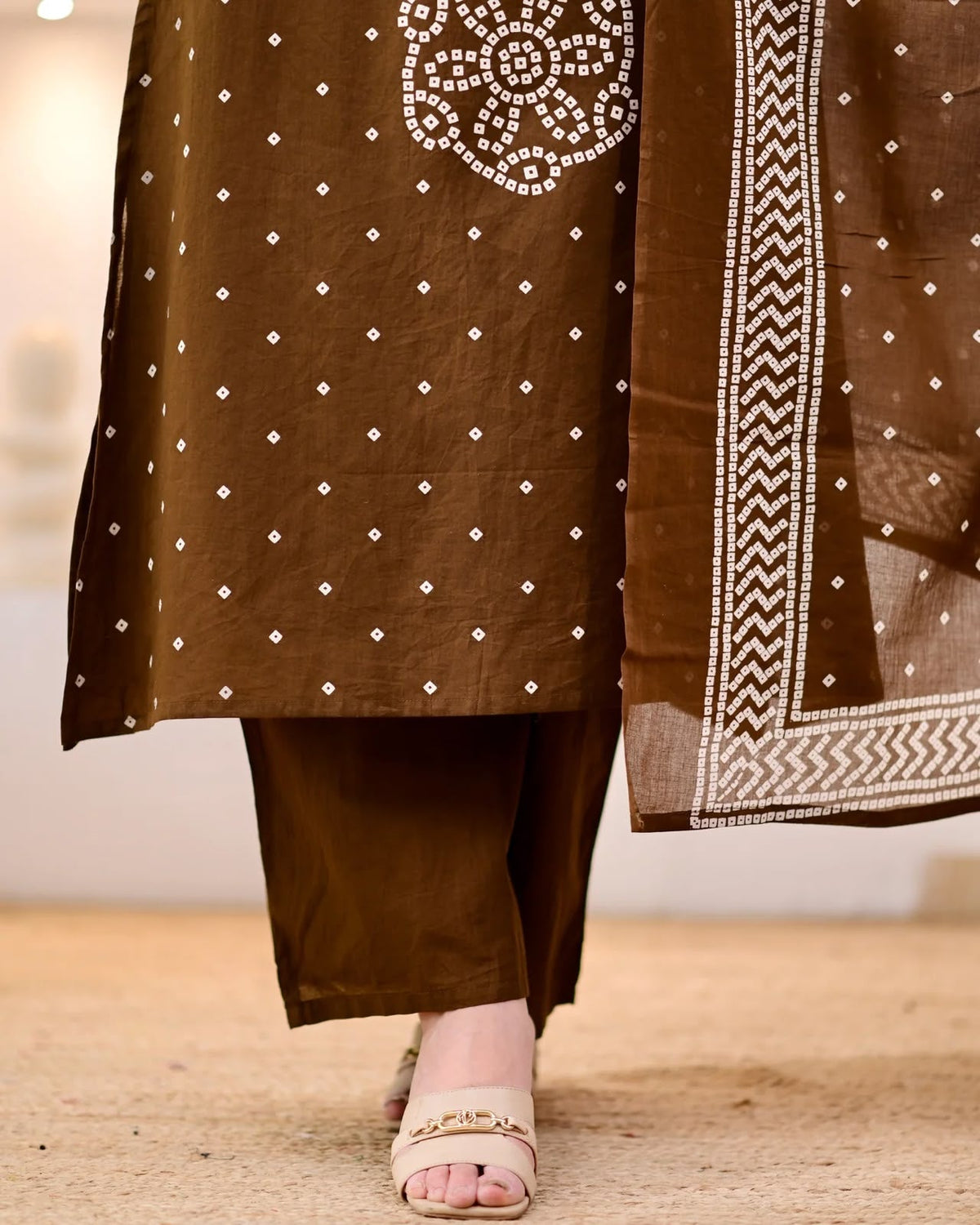 Chocolate Brown Bandhani Print Kurta Pant Set
