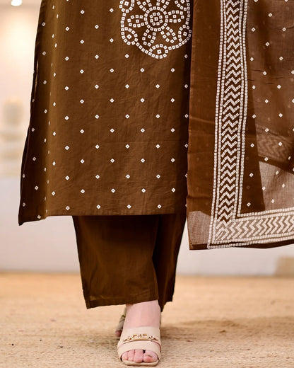 Chocolate Brown Bandhani Print Kurta Pant Set