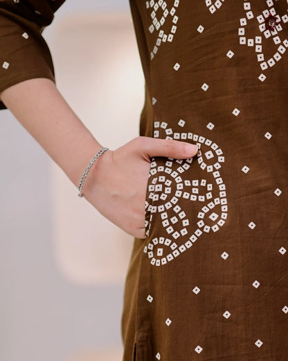 Chocolate Brown Bandhani Print Kurta Pant Set