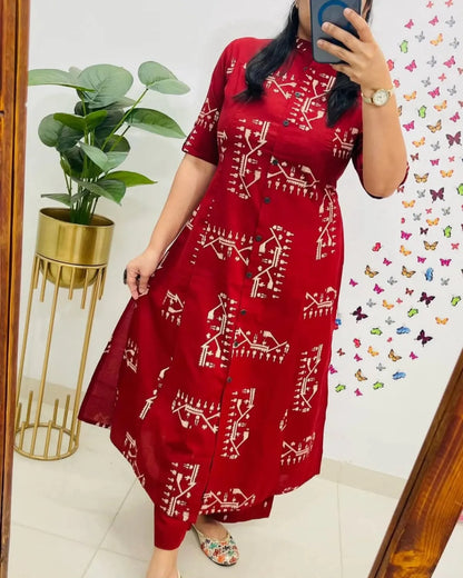 Deep Red Printed Cotton Kurta Pant Set for Women