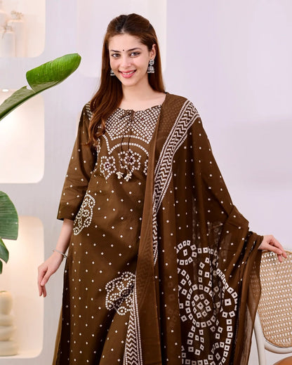 Chocolate Brown Bandhani Print Kurta Pant Set