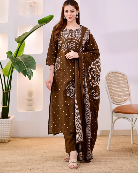 Chocolate Brown Bandhani Print Kurta Pant Set