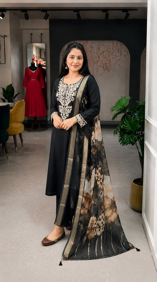 Premium Black Ethnic Kurta Pant Suit with Printed Dupatta