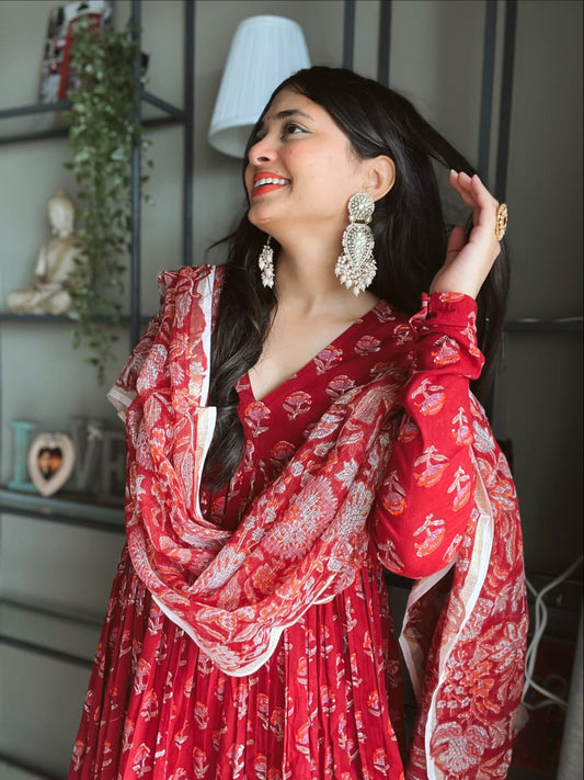 Women's Red Block Printed Kurta Set with Pants and Dupatta
