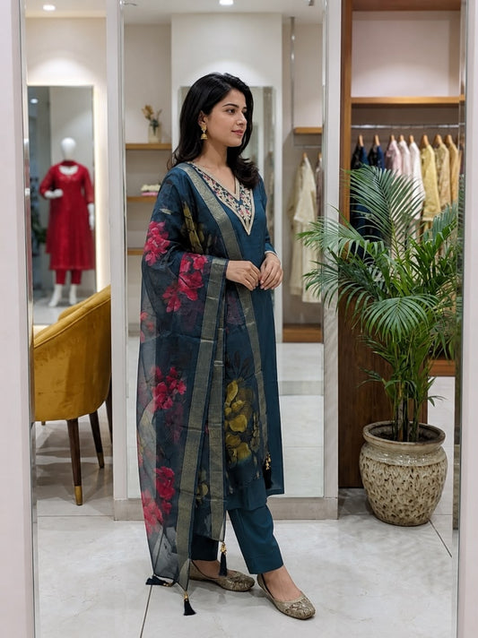 Teal Blue Embroidered Cotton Kurta Pant Set with Floral Dupatta