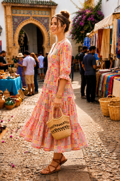 Elegant Pink Patterned Maxi Dress for Casual Wear