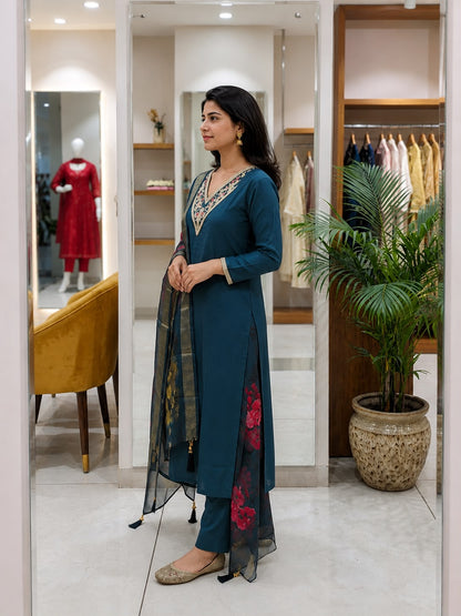 Teal Blue Embroidered Cotton Kurta Pant Set with Floral Dupatta