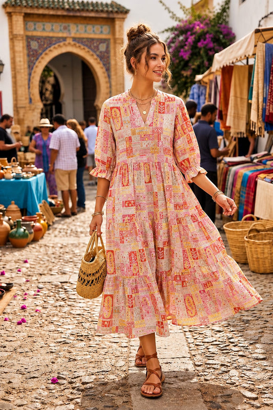 Elegant Pink Patterned Maxi Dress for Casual Wear