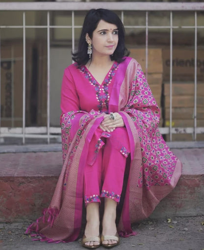 Fuchsia Pink Printed Cotton Kurta Pant Set with Dupatta
