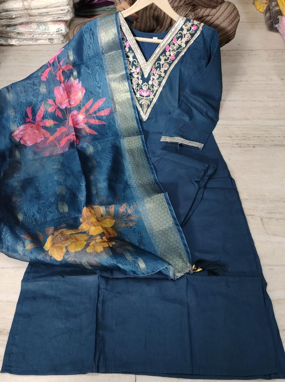 Teal Blue Embroidered Cotton Kurta Pant Set with Floral Dupatta
