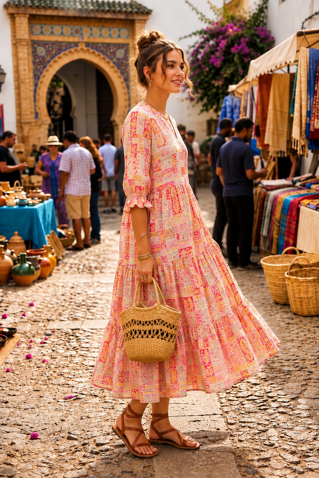 Elegant Pink Patterned Maxi Dress for Casual Wear