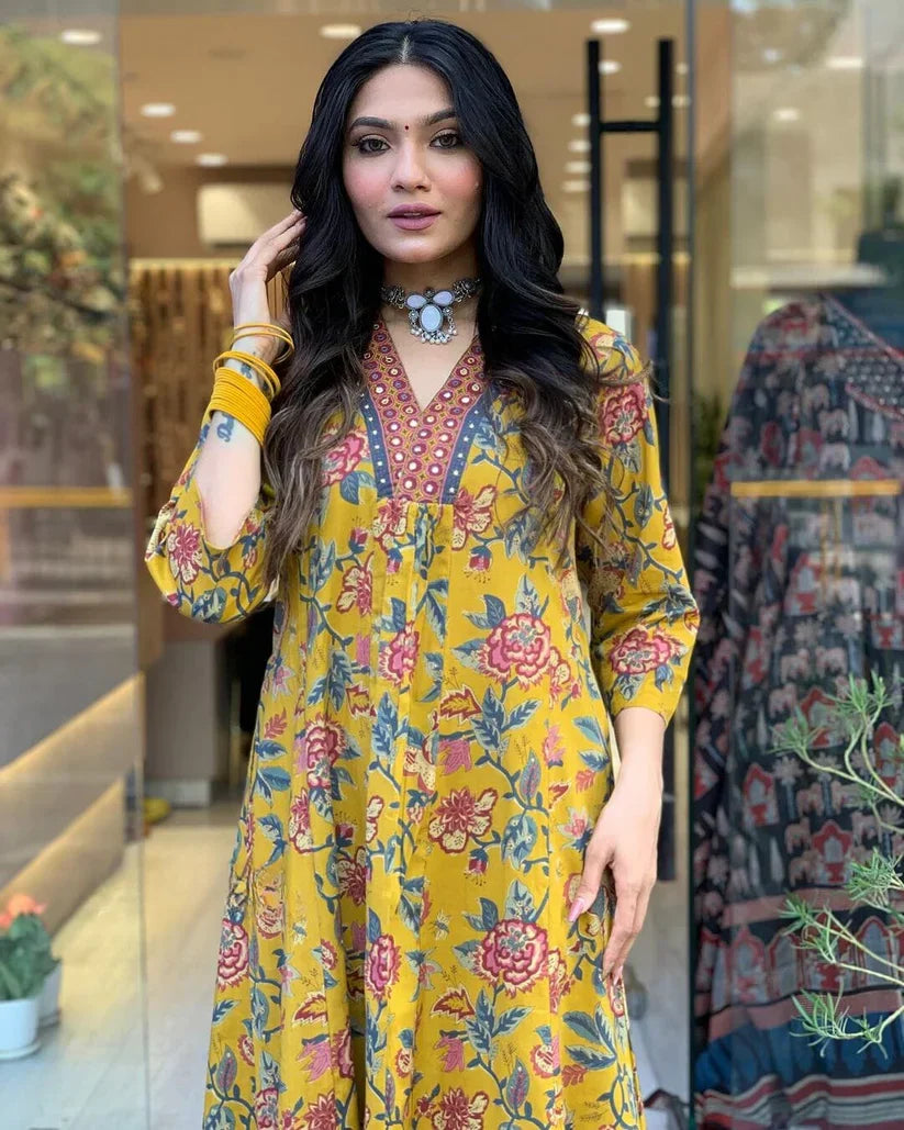 Floral Printed Cotton Kurta and Pant Set with Mulmul Dupatta