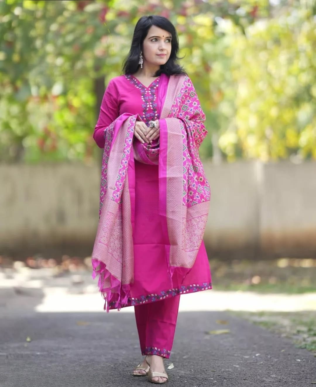 Fuchsia Pink Printed Cotton Kurta Pant Set with Dupatta
