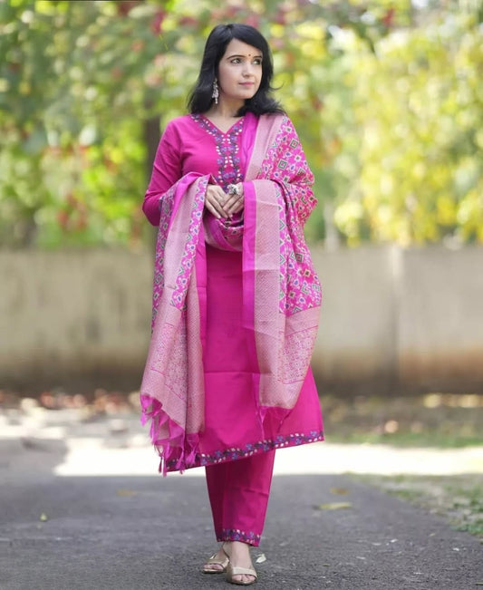 Fuchsia Pink Printed Cotton Kurta Pant Set with Dupatta