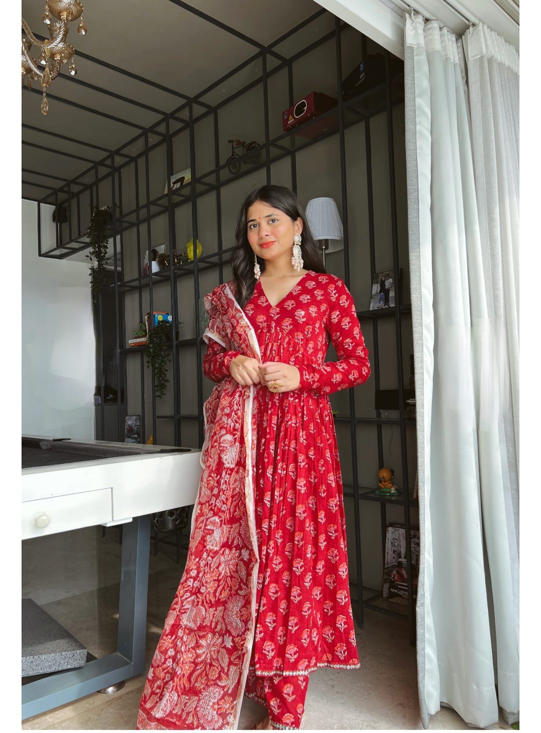 Women's Red Block Printed Kurta Set with Pants and Dupatta