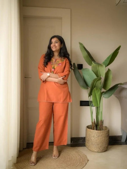 Rust Orange Embroidery Cotton Co-ord Set