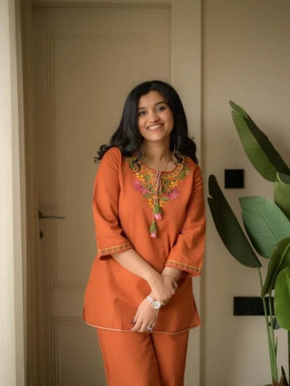Rusty Orange Embroidery Cotton Co-ord Set