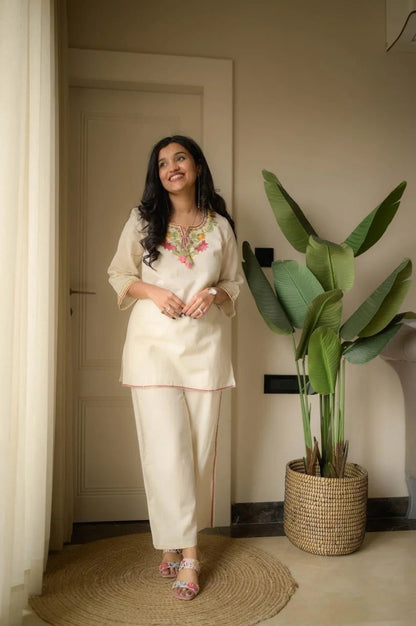 Beige Embroidery Cotton Co Ord Set