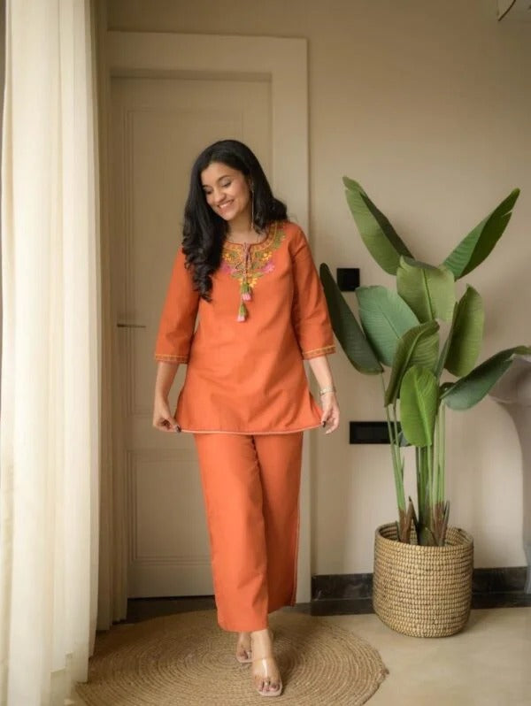 Rusty Orange Embroidery Cotton Co-ord Set
