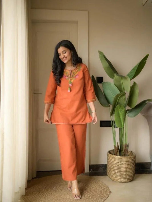 Rust Orange Embroidery Cotton Co-ord Set