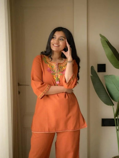 Rusty Orange Embroidery Cotton Co-ord Set