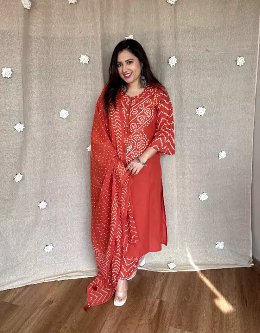 Rust Orange Cotton Bandhani Kurta Set with Dupatta for Women